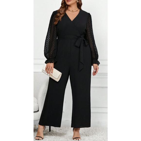 NWOT SHEIN Curve Clasi Plus Contrast Mesh Belted Jumpsuit, 2XL - Picture 1 of 6